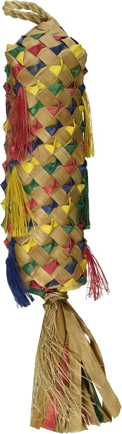 Hanging colorful spiky foraging toy made from woven palm leaf fibers and bamboo.
