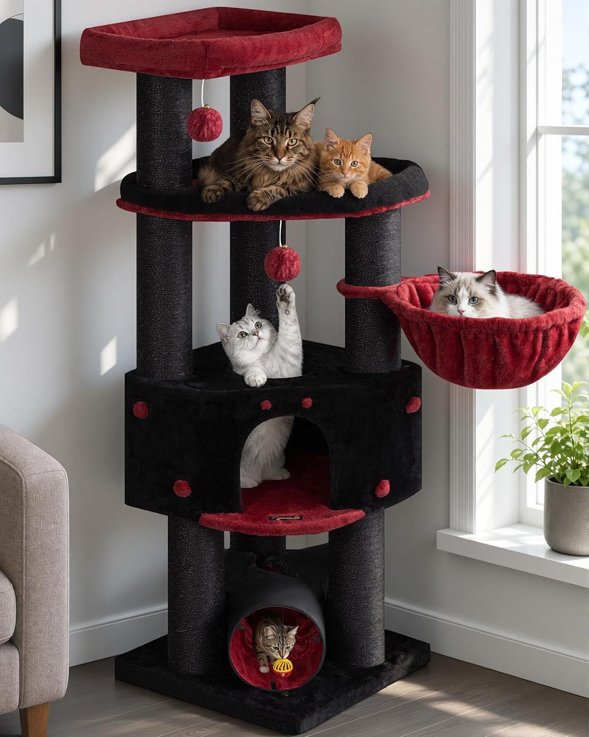 Massive reinforced cat tree tower with jumbo plush perches and condos.