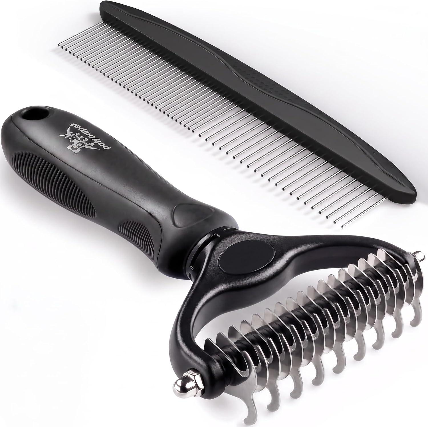 Dual-sided dematting comb with rounded teeth for long-haired cats.