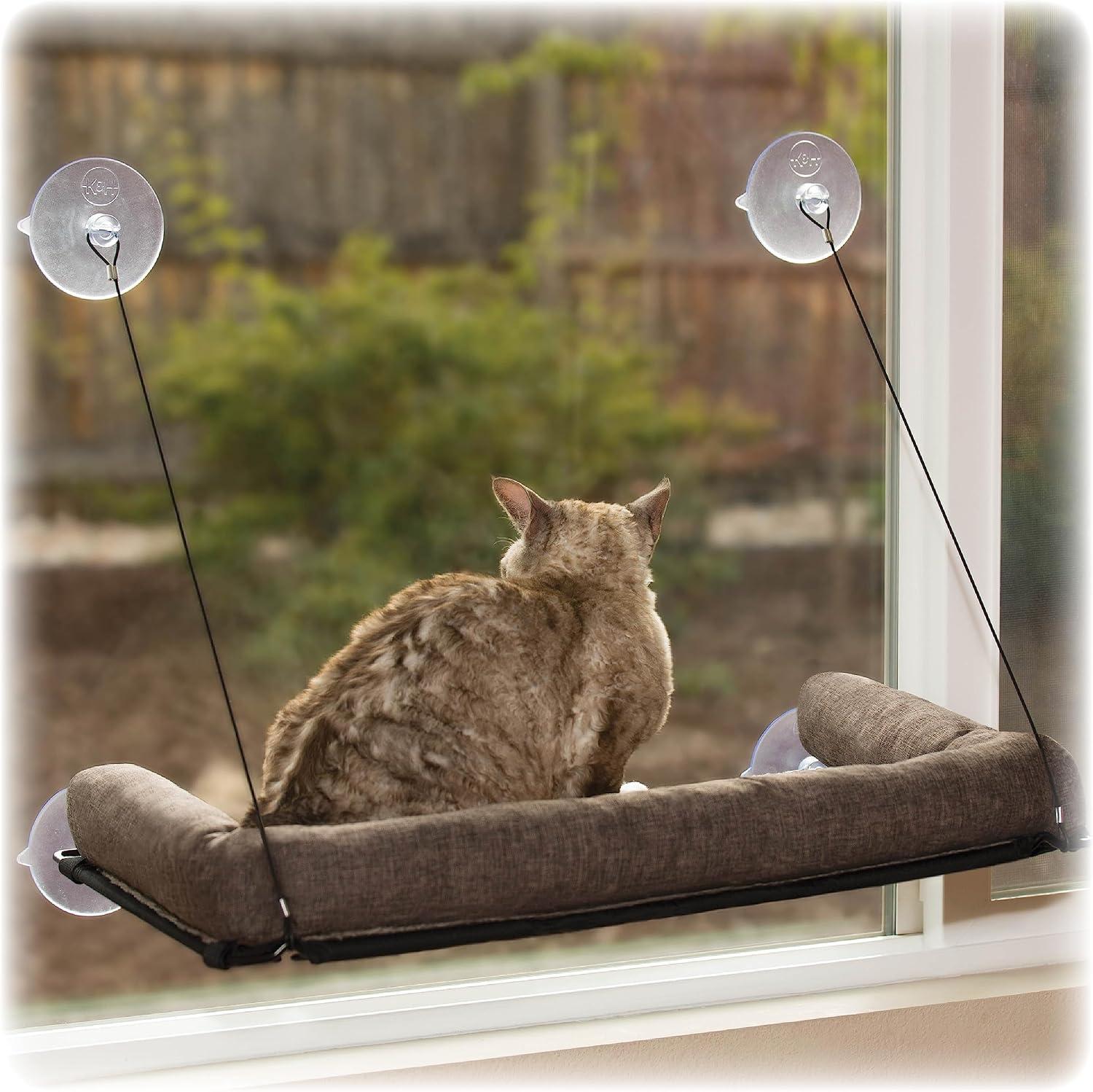 Strong suction cup mounted window sill perch hammock bed for cats.