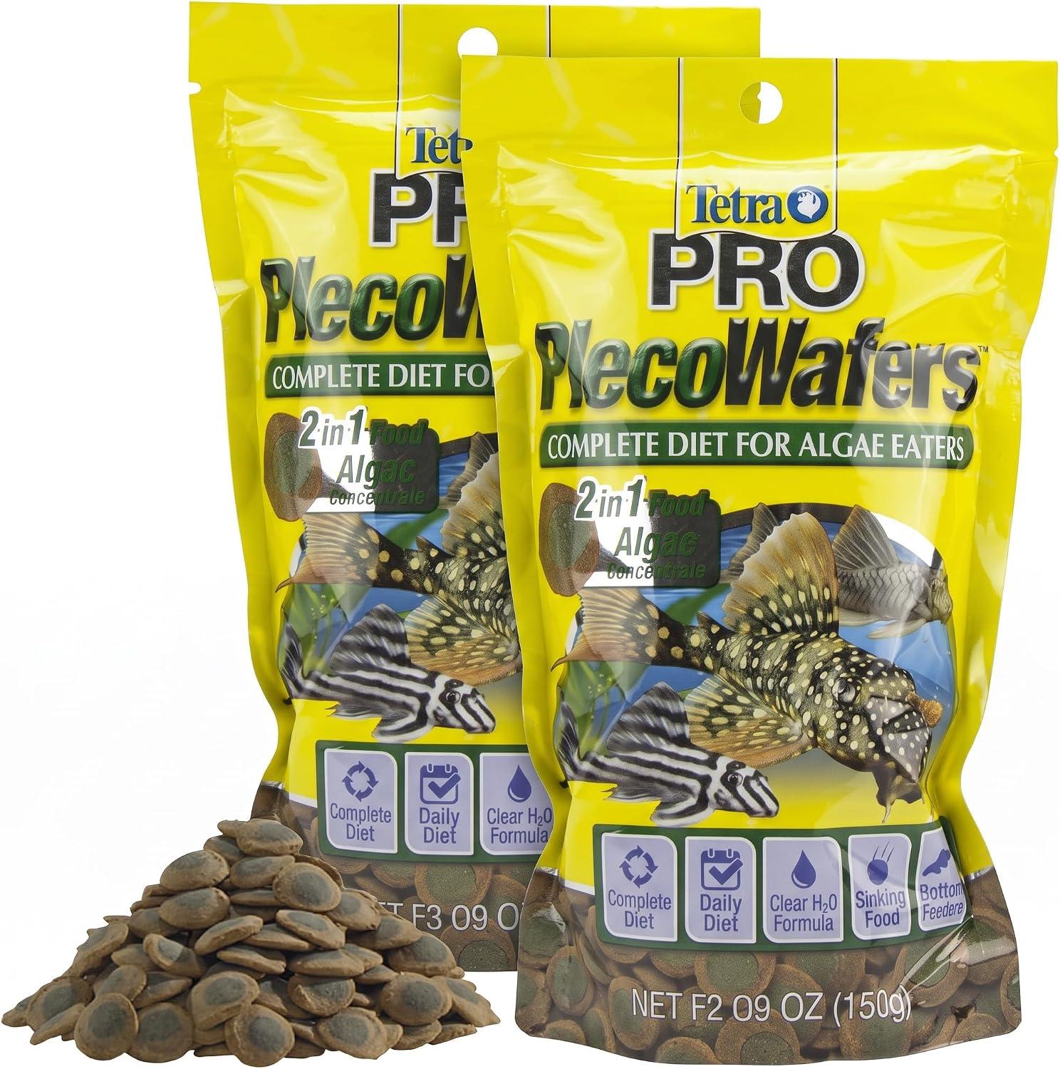 Container of dark green compressed spirulina algae wafers for freshwater fish.