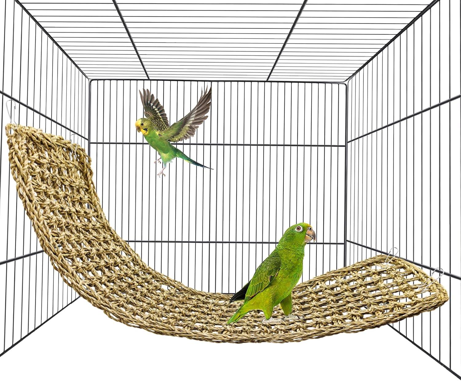 Square woven seagrass climbing activity wall decorated with chew toys.