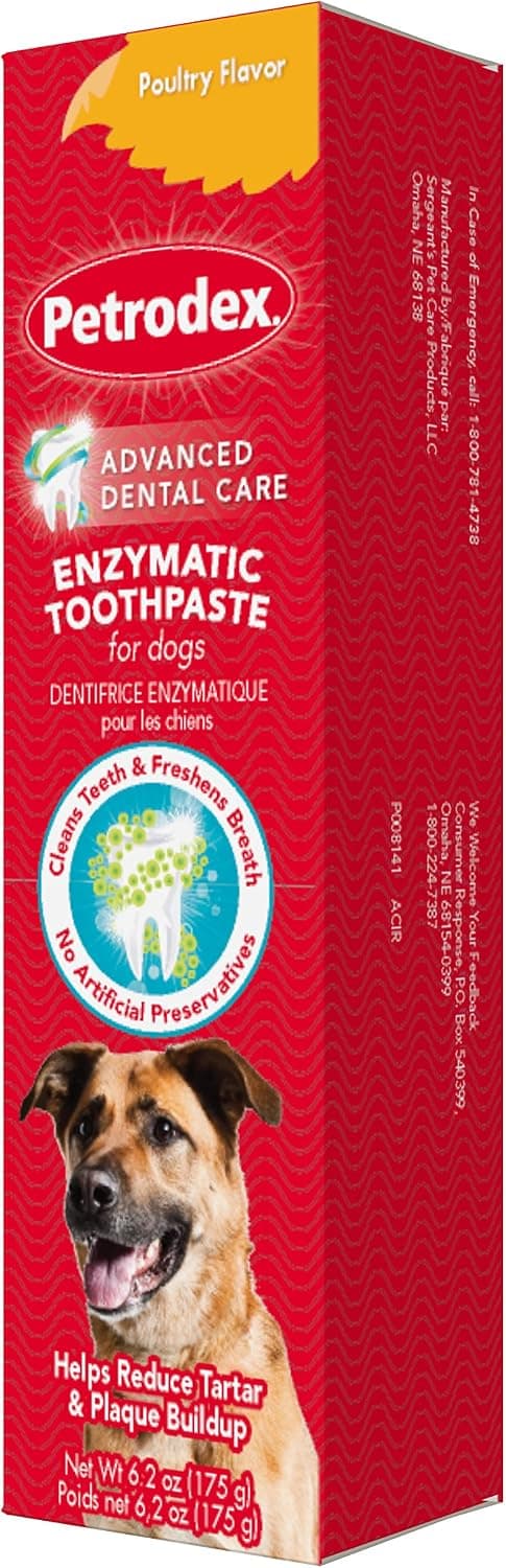 Poultry-flavored veterinary enzymatic toothpaste with soft silicone finger brush.