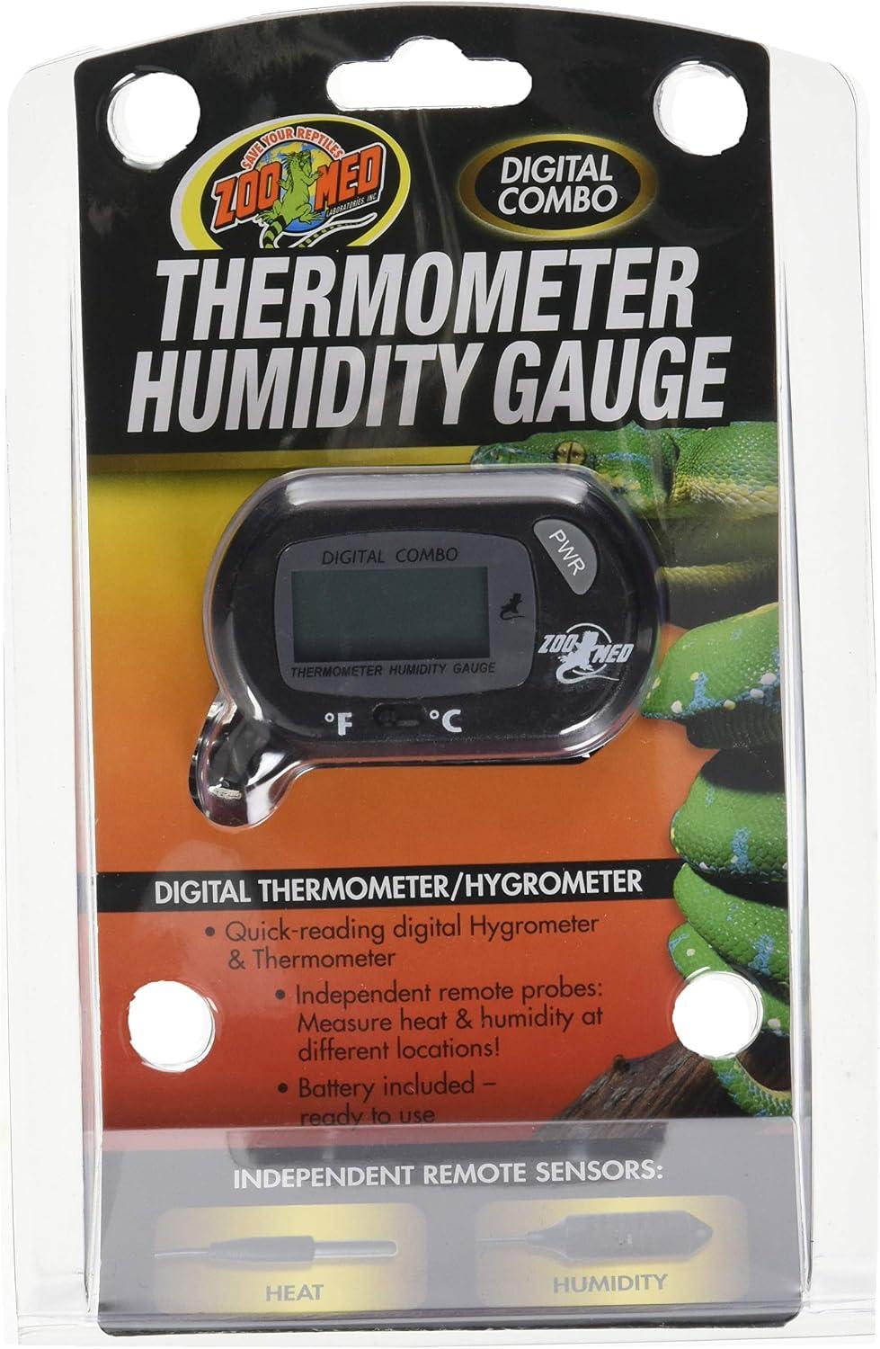 Digital terrarium meter displaying temperature and relative humidity with sensor probes.