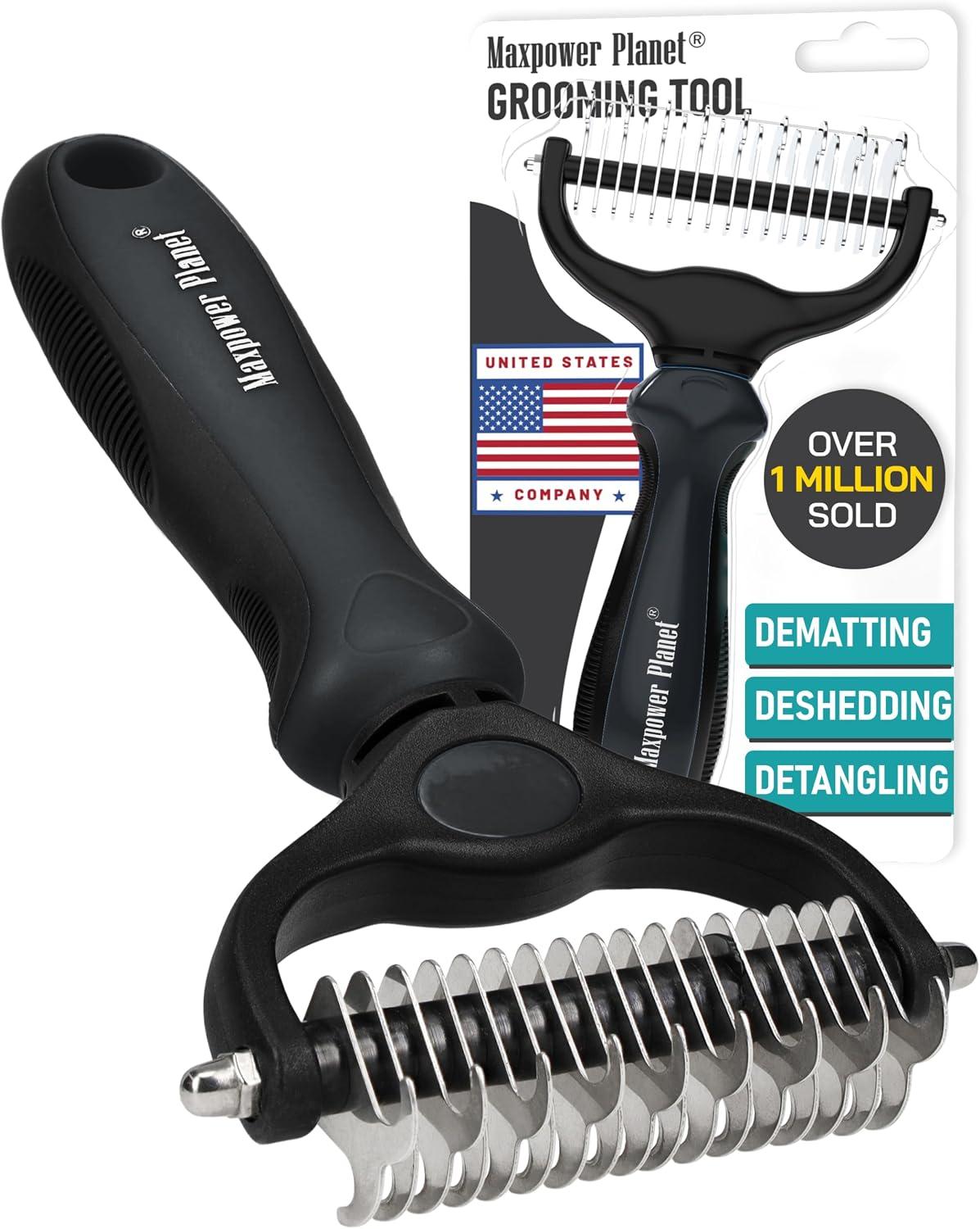 Dual-sided detangling pet grooming rake with stainless steel rounded teeth.