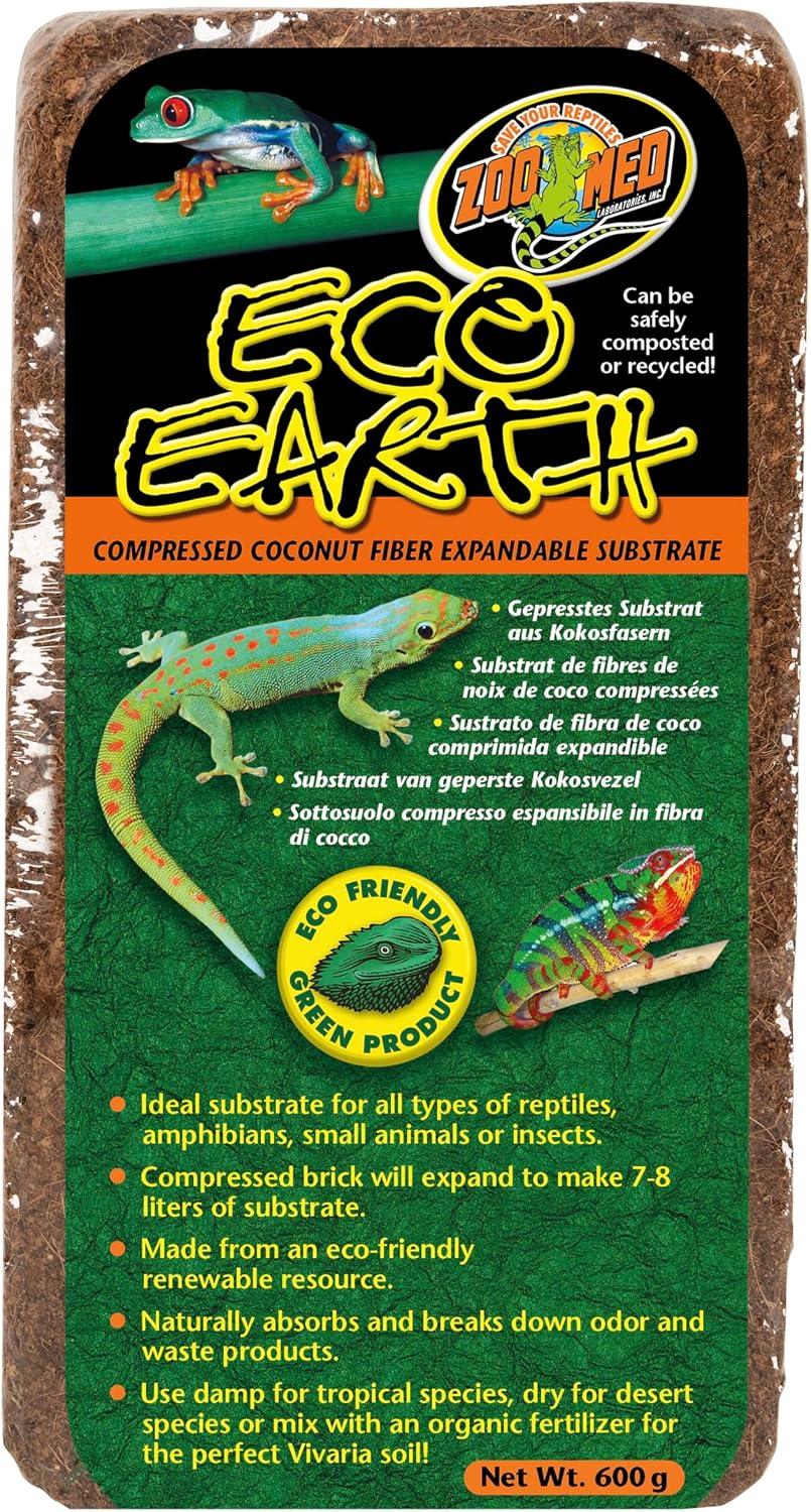 Compressed bricks of natural expandable coconut husk substrate for tropical reptiles.